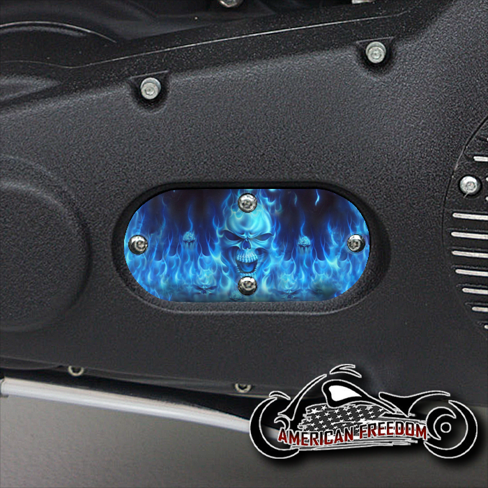 Custom Oval Inspection Cover - Blue Flame Skull